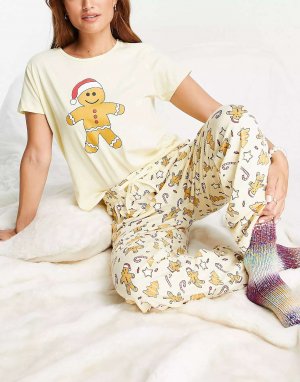 Рождественский пижамный комплект с пряничным человечком бледно-желтого цвета Brave Soul