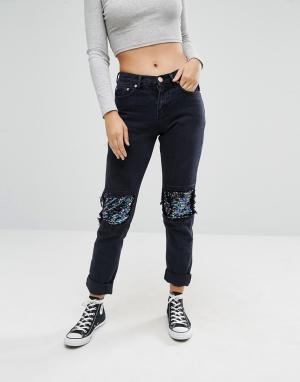 Рваные джинсы с пайетками Glamorous. Цвет: черный