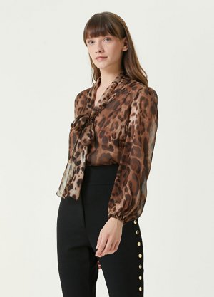 Шелковая блузка с леопардовым узором и кружевным воротником Dolce&Gabbana