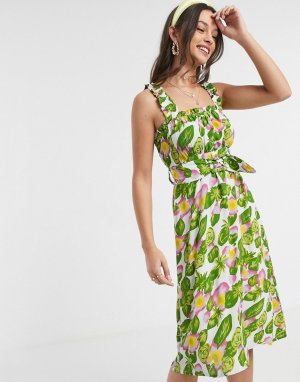 Платье миди без рукавов с поясом и цветочным принтом Faithfull-Зеленый Faithfull the Brand