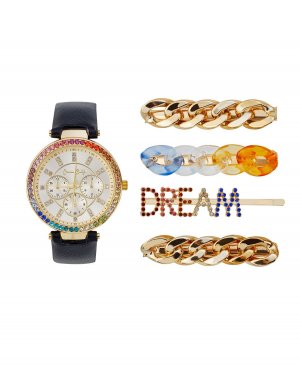 Женские аналоговые часы Jessica Carlye с кварцевым механизмом, черный кожаный ремешок, 38 мм, набор заколок для волос Carlyle