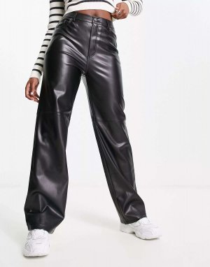 Черные прямые брюки из искусственной кожи с завышенной талией Pimkie. Цвет: черный