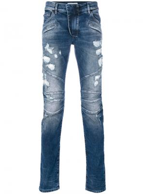 Байкерские джинсы с рваным эффектом Pierre Balmain. Цвет: синий