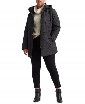 Женское стеганое пальто с капюшоном и отделкой из искусственной кожи больших размеров , черный Lauren Ralph
