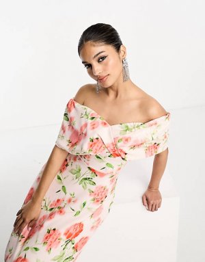 Выпускное платье миди со складками с персиковым цветочным принтом True Violet