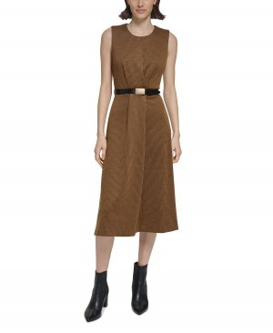 Женское трикотажное платье миди с поясом и узором «елочка» Calvin Klein