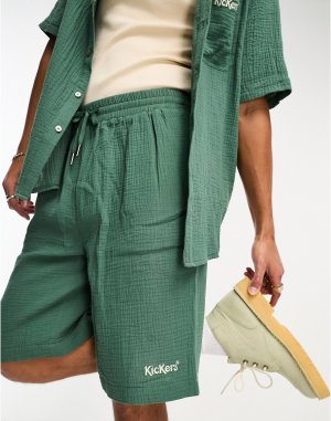 Зеленые муслиновые шорты свободного кроя с завязками на талии и вышитым логотипом Kickers