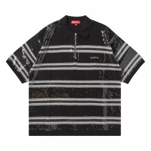Рубашка-поло на молнии с полосками и пайетками , цвет: черный Supreme