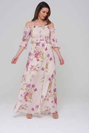 Платье макси с открытыми плечами и цветочным принтом Frock And Frill , розовый