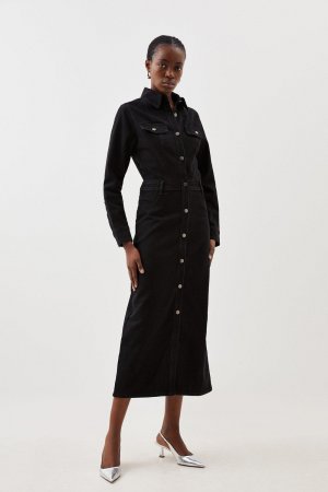 Джинсовое платье-рубашка миди с длинными рукавами , черный Karen Millen