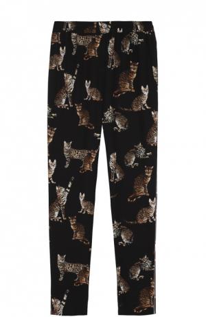 Шелковые брюки в пижамном стиле с принтом виде кошек Dolce & Gabbana. Цвет: черный