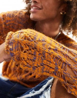 Джемпер с открытой вышивкой COLLUSION оранжевого и синего цвета потертостями. Цвет: синий