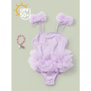 50664, Купальник слитный с юбкой для девочки UPF 50+ на завязках, платье, солнцезащитный, фиолетовый, 92-98 Happy Baby. Цвет: фиолетовый