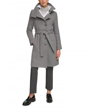 Женское пальто на пуговицах из смесовой шерсти с поясом , серый Calvin Klein