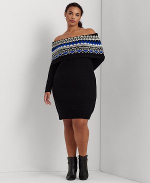 Платье-свитер с открытыми плечами больших размеров жаккардовым узором , черный Lauren Ralph