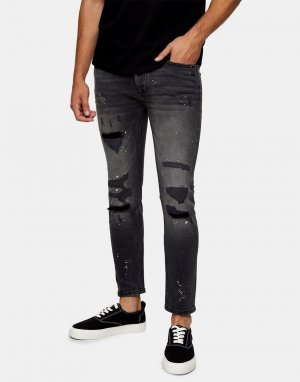 Эластичные зауженные джинсы черного выбеленного цвета из смесового органического хлопка со рваной отделкой и эффектом брызг краски -Черный цвет Topman