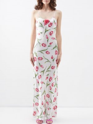 Шелковое платье макси косого кроя с тюльпановым принтом, розовый Rodarte