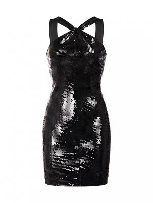 Мини-платье без рукавов Tobi с квадратными пайетками , черный Halston