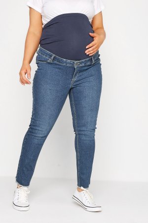 Прямые джинсы для беременных с потертыми краями , синий Yours