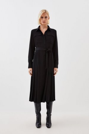 Мягкое приталенное платье-рубашка миди со складками и карманами , черный Karen Millen
