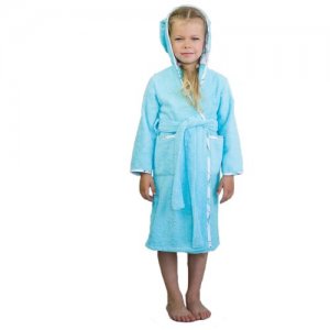 Махровый детский халат домашний банный лапушка с капюшоном из бязи ушки зайчики 34 голубой для девочки и мальчика BIO-TEXTILES. Цвет: голубой/бирюзовый/мультиколор