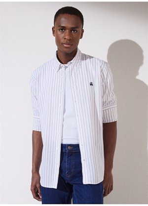 Бело-бежевая мужская рубашка с воротником на пуговицах Comfort Fit Brooks Brothers