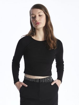 Женская блузка с длинным рукавом и блестящим камнем круглым вырезом длинными рукавами XSIDE, новый черный Xside