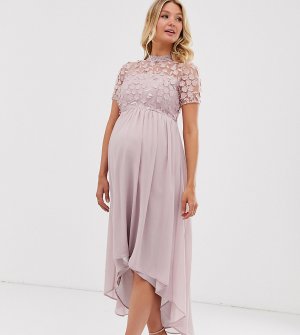 Платье миди с кружевом и асимметричным подолом -Розовый Chi London Maternity