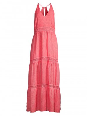 Многоярусное платье макси из льна Resort с лямкой на шее, розовый 120% Lino