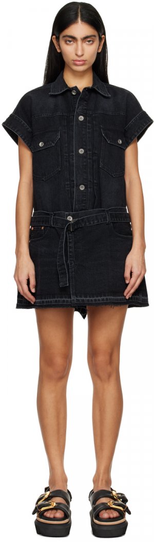 Черное джинсовое мини-платье с поясом Sacai