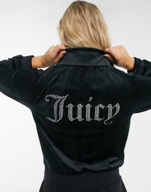 Черная спортивная куртка из велюра с логотипом страз на спине от комплекта -Черный Juicy Couture