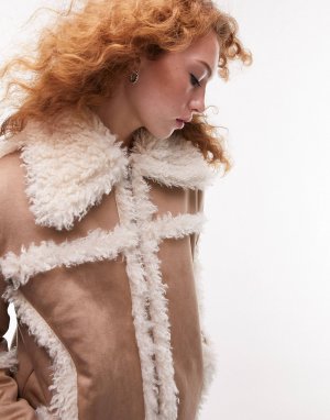 Светло-коричневое пальто средней длины из искусственной кожи в стиле 70-х Topshop