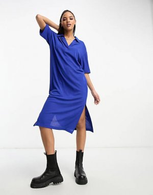 Синее платье миди с воротником-поло Monki