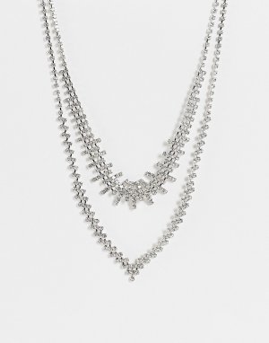 Серебристое ожерелье в несколько рядов с кристаллами -Серебристый True Decadence
