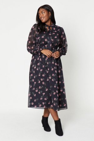 Шифоновое платье миди Curve с цветочным принтом и завязывающимся вырезом , мультиколор Dorothy Perkins