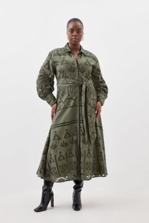 Тканое платье макси с поясом и хлопковой вышивкой больших размеров , хаки Karen Millen
