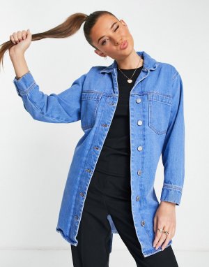 Синяя удлиненная джинсовая куртка с поясом Miss Selfridge
