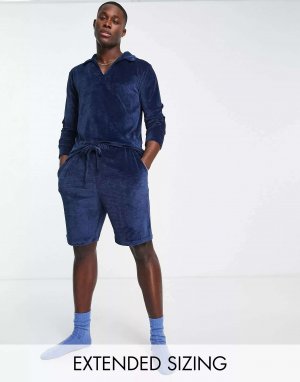 Пижамный комплект ASOS из темно-синего велюра в рубчик с топом-поло длинными рукавами и шортами