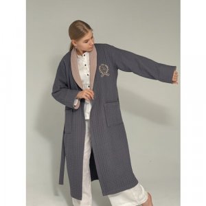Халат удлиненный, на завязках, длинный рукав, карманы, пояс, размер 4XL(54-56), белый, серый Jan Tex. Цвет: белый/серый