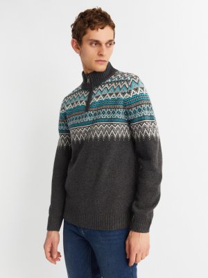 Вязаный шерстяной свитер с воротником на молнии и скандинавским узором zolla. Цвет: темно-серый