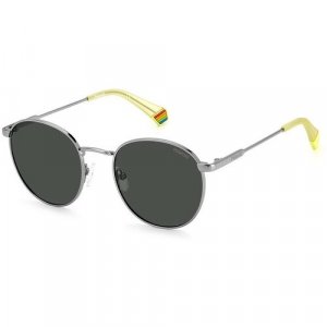 Солнцезащитные очки , круглые, оправа: металл, ударопрочные, с защитой от УФ, поляризационные, серебряный Polaroid. Цвет: желтый/серый