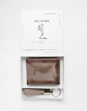 Подарочный набор из бумажника и брелока для ключей Religion. Цвет: черный