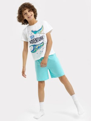 Комплект для мальчиков (белая футболка, бирюзовые шорты) Mark Formelle. Цвет: белый +бирюзовый +печать