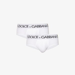 Комплект из двух трусов эластичного хлопка с низкой посадкой и поясом логотипом , белый Dolce & Gabbana