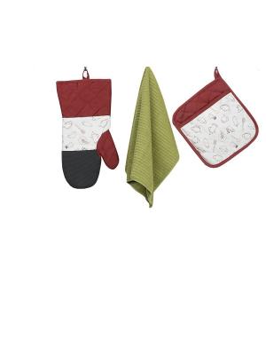 Набор кухонных принадлежностей с неопреном : рукавица, прихватка, полотенце ТекСтиль для дома. Цвет: бордовый, зеленый