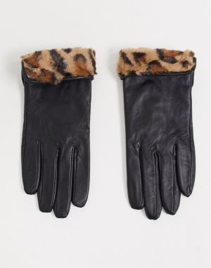Черные кожаные перчатки с отделкой из искусственного меха леопардовой расцветки -Черный Accessorize