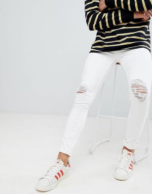 Белые супероблегающие джинсы скинни с дырками на коленях -Белый New Look