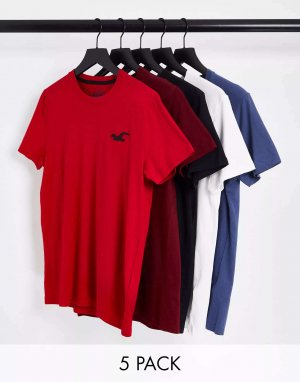 Комплект из 5 футболок с логотипом черного/синего/красного/белого цвета Hollister. Цвет: черный