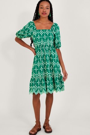 Зеленое короткое платье из экологически чистого хлопка с рукавами-фонариками и вышивкой , зеленый Monsoon