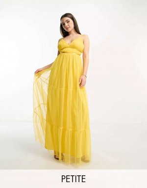 Желтое платье макси из тюля с многоярусной юбкой Anaya